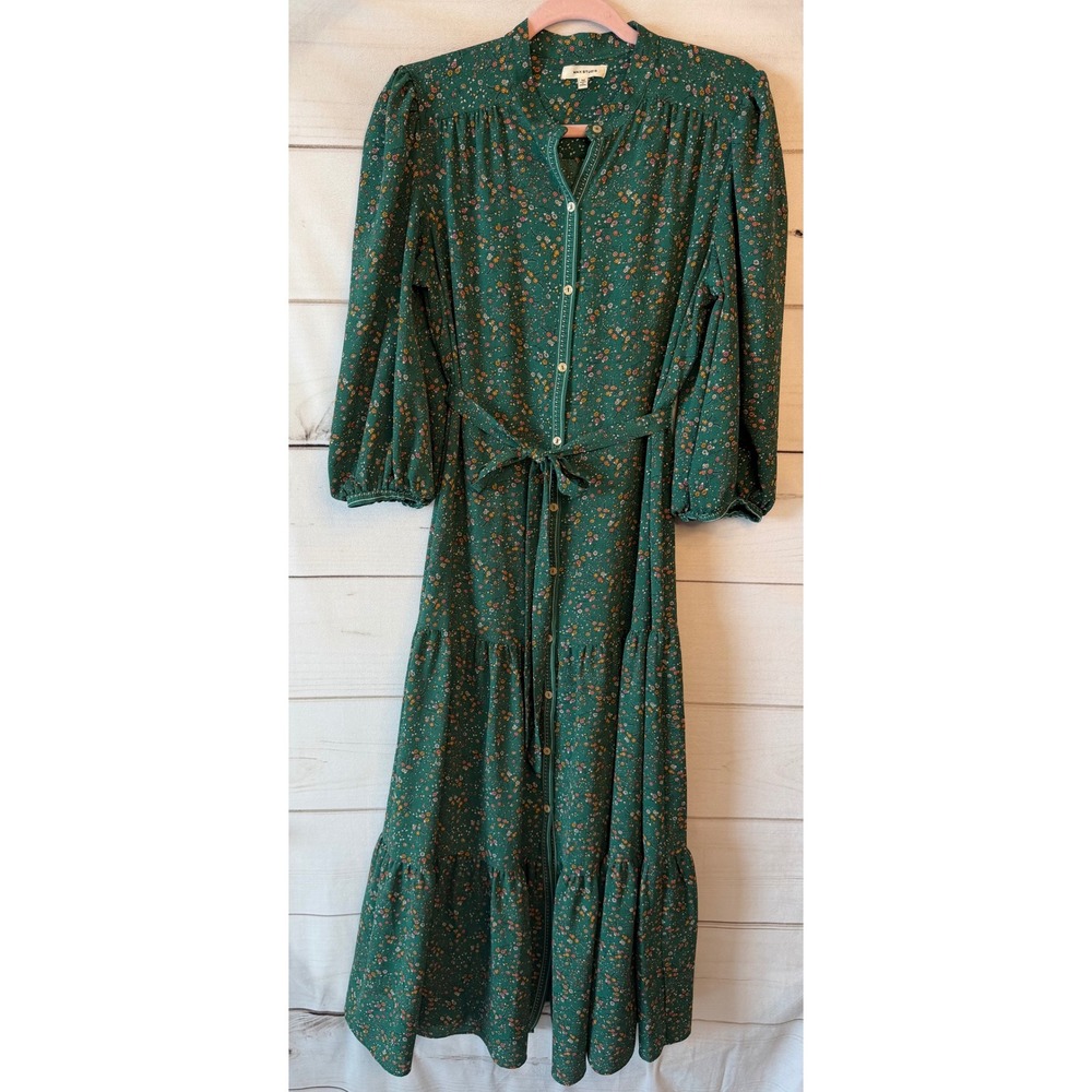 Max Studio Green Ditsy Floral Tiered Midi Dress Balloon Sleeve Womens Medium